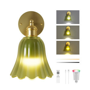 FULEN Battery Operated Wall Sconce with Green Tulip Glass Lampshade